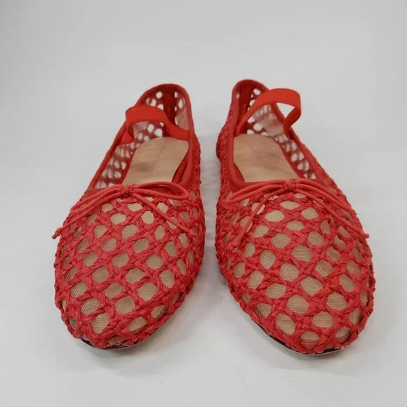 Loeffler Randall Leonie Mary Jane Ballet Flats Size 8 Red Raffia Mesh Bow NEW - Picture 13 of 16